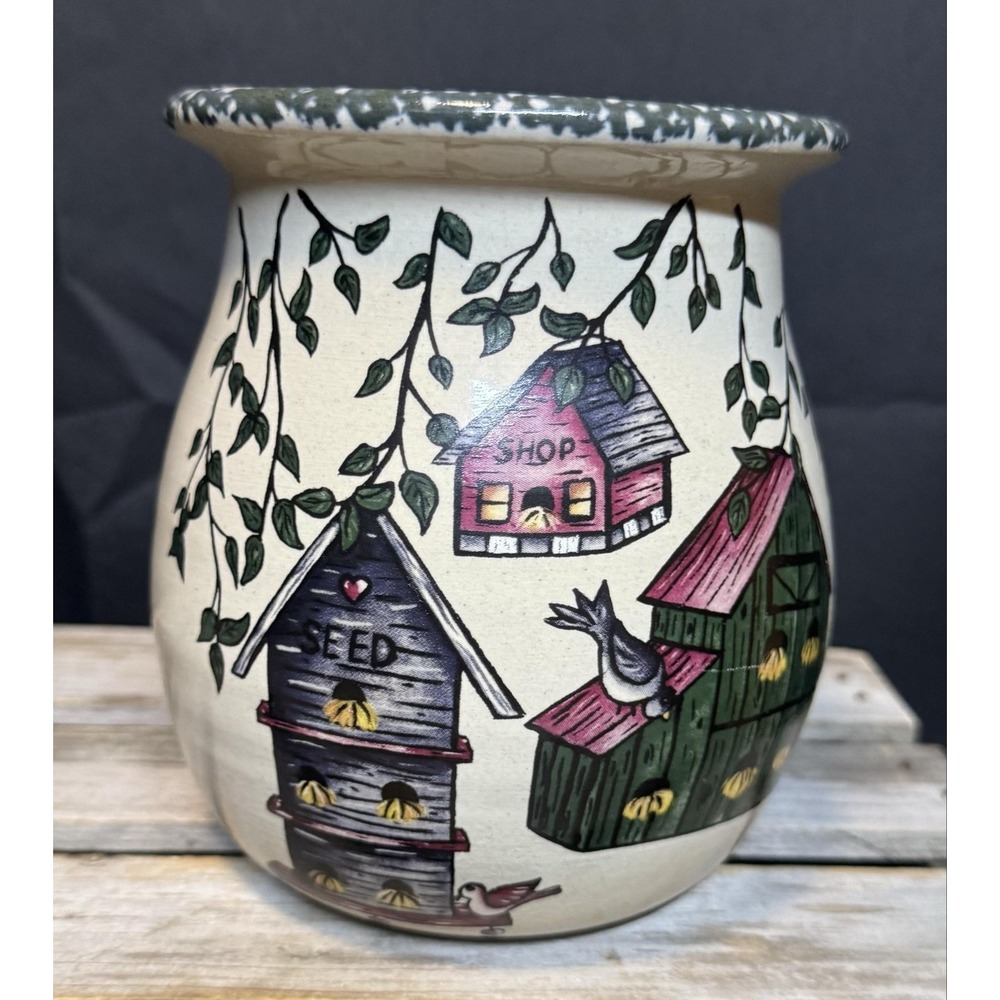 Vintage Home & Garden Party Cream Pottery Crock Utensil Holder Birdhouse USA